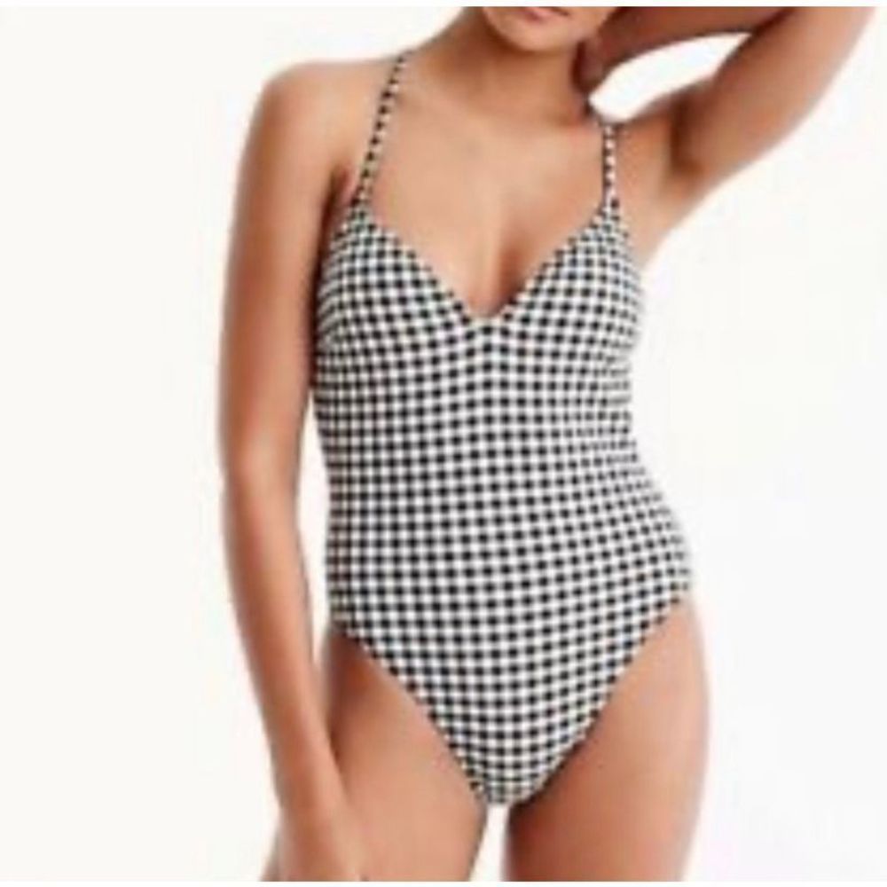 J Crew Women's gingham black/white one piece swimsuit with lace-up back.  Sz 4